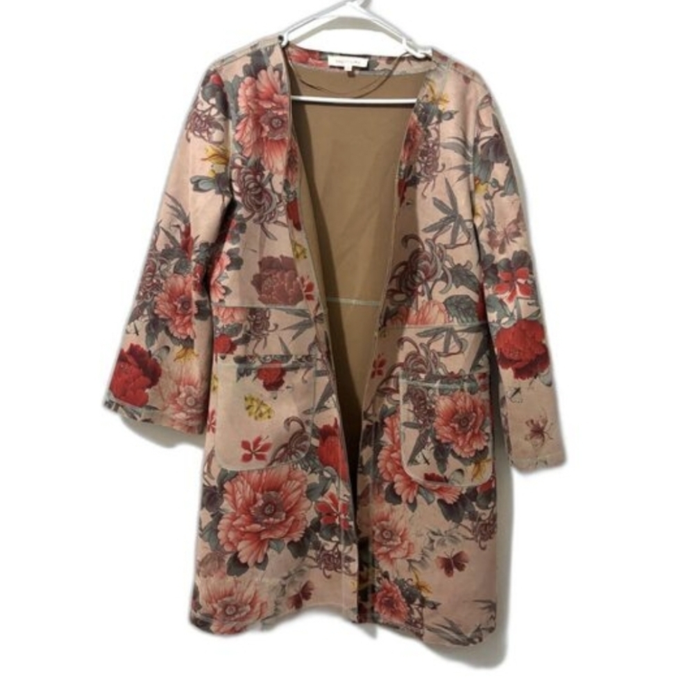 SOLITAIRE Boho Retro Floral Butterfly Faux Suede Open Long Cardigan Jacket XL